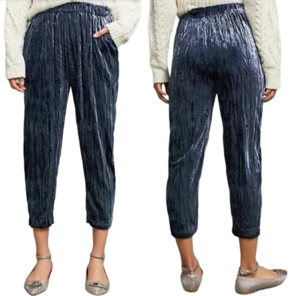 Ett:Twa By Anthropologie Kinley Cropped Blue Crushed Velvet Pants - Size L